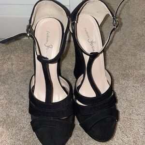Fashion Focus Black Wedges with ankle strap NWOT